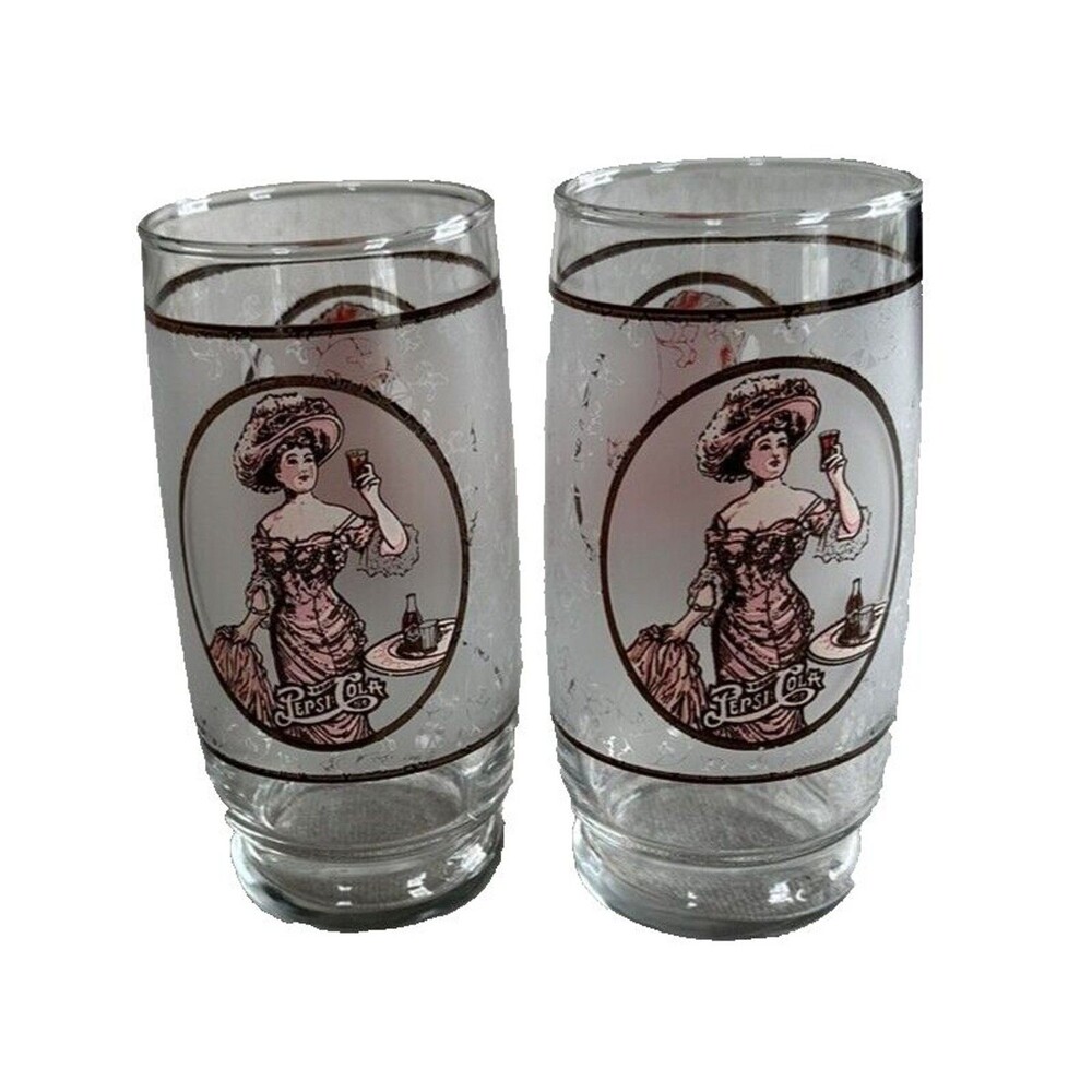 Vintage Victorian Gibson Girls Drink Pepsi Cola Glass Set of 2